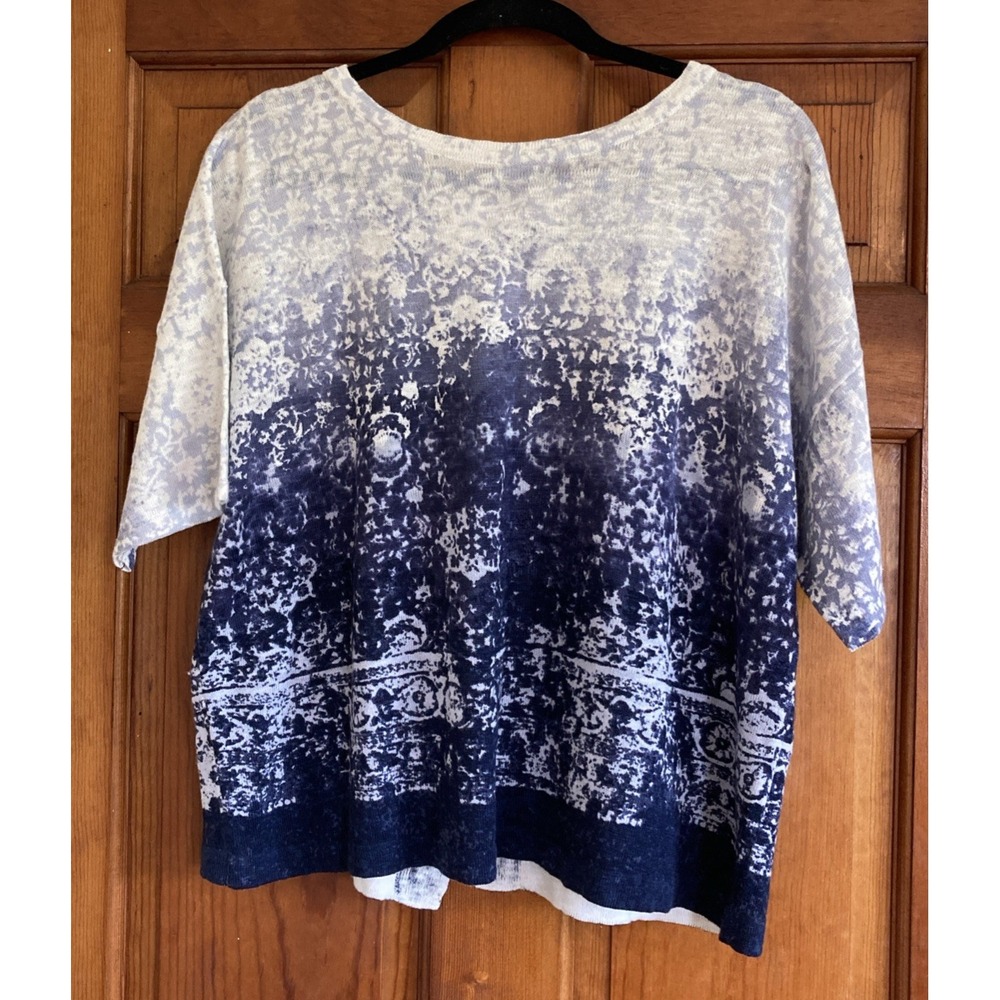 Pure Jill Womens M Blue Ombre Floral Crossover Tulip Back Linen Blend Sweater